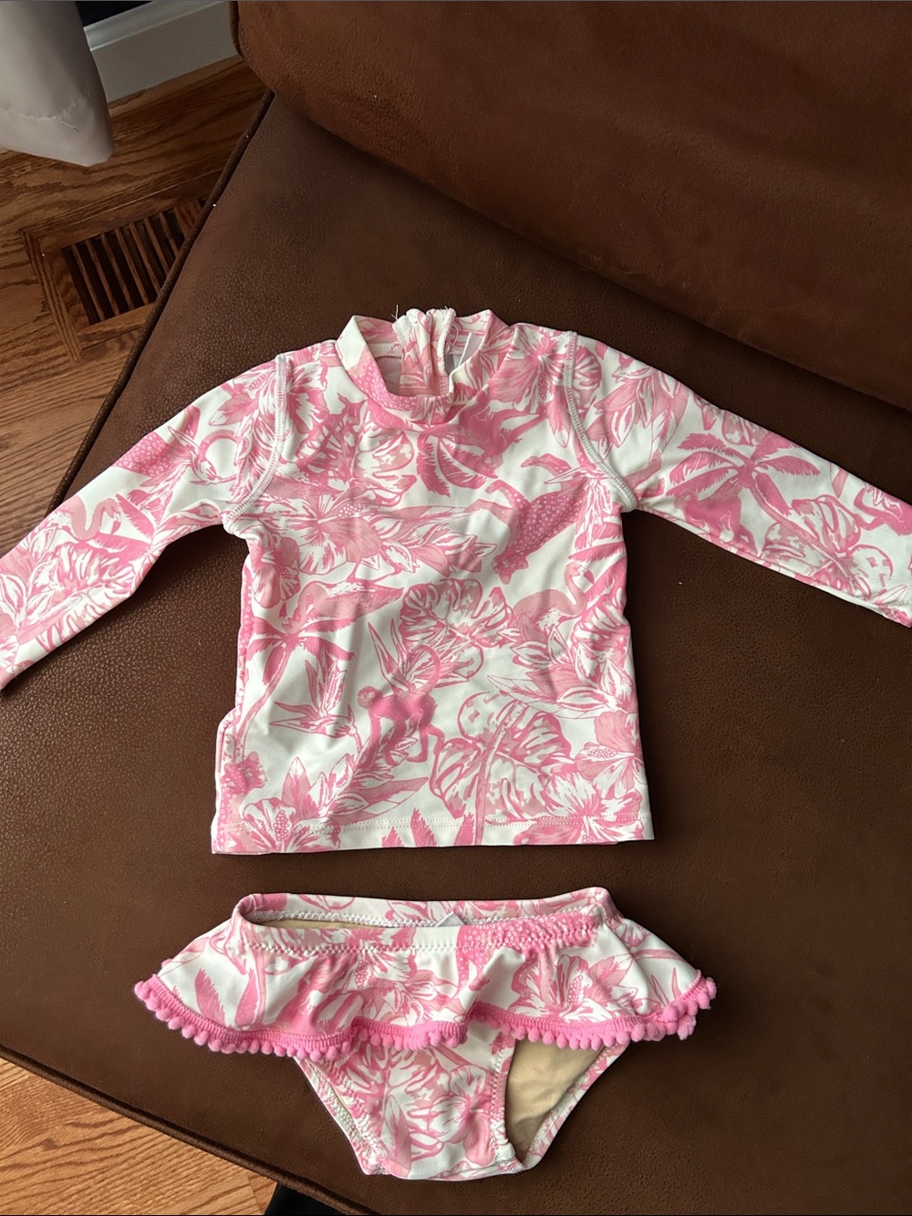 Infant Pink Floral Rash Guard Set - Long Sleeve Swim Top & Ruffle Bottoms 6-12 M